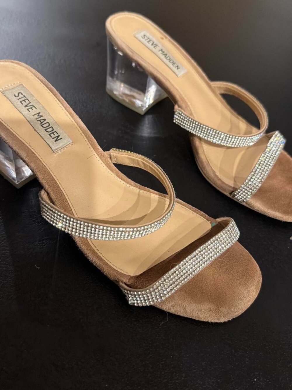Steve Madden tan & brown heels with rhinestone embellishments